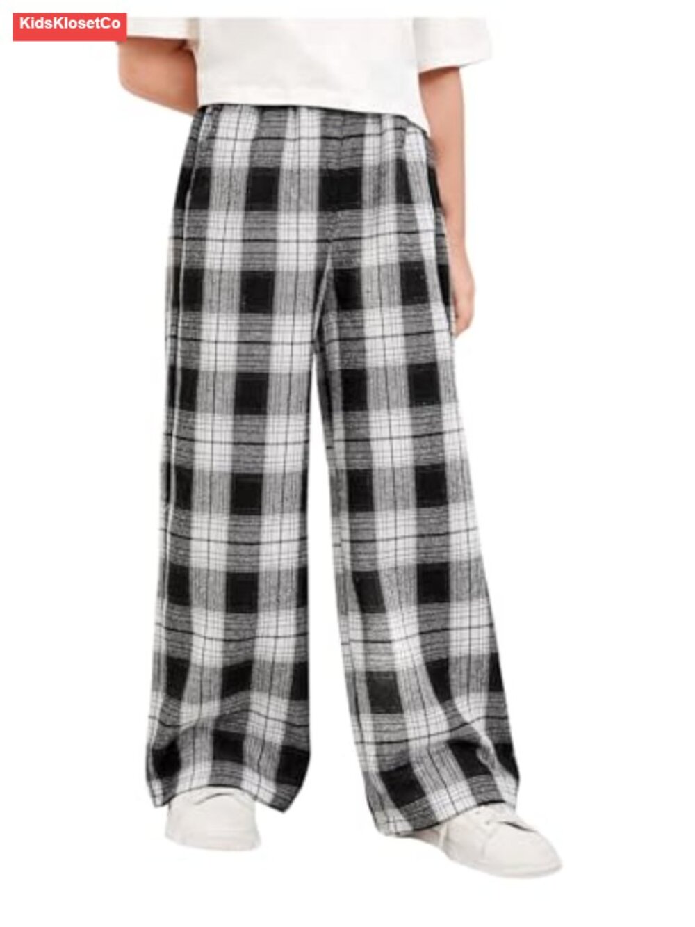 Girls Plaid Wide Leg Pants High Waist Elastic Waist Slant Pocket Comfy
